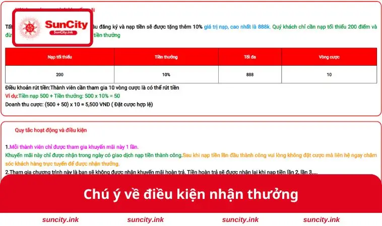 Chú ý về điều kiện nhận thưởng